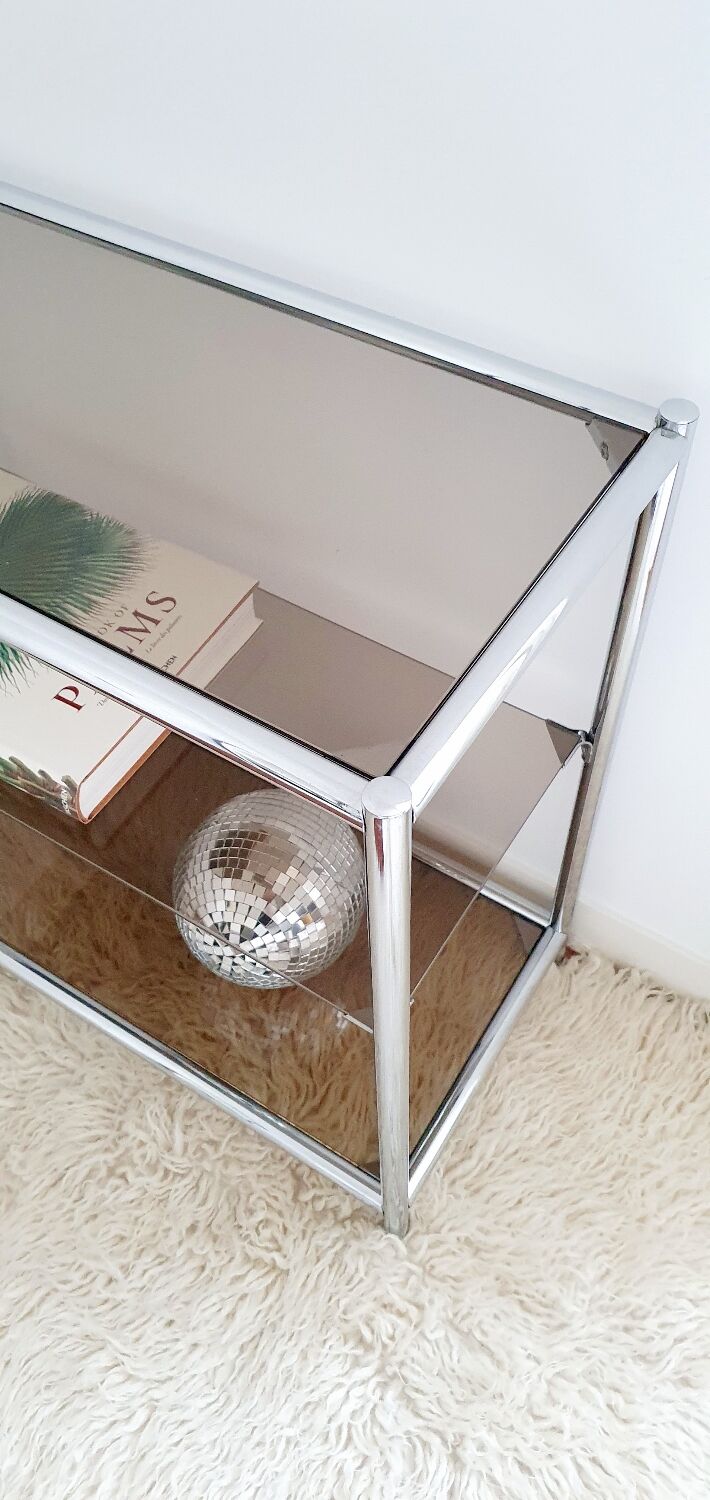 Console design 3 étagères chrome et verre fumé