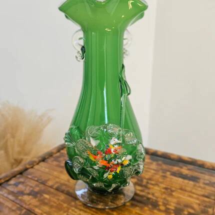 Excentric green blown glass vase with relief flowers Murano