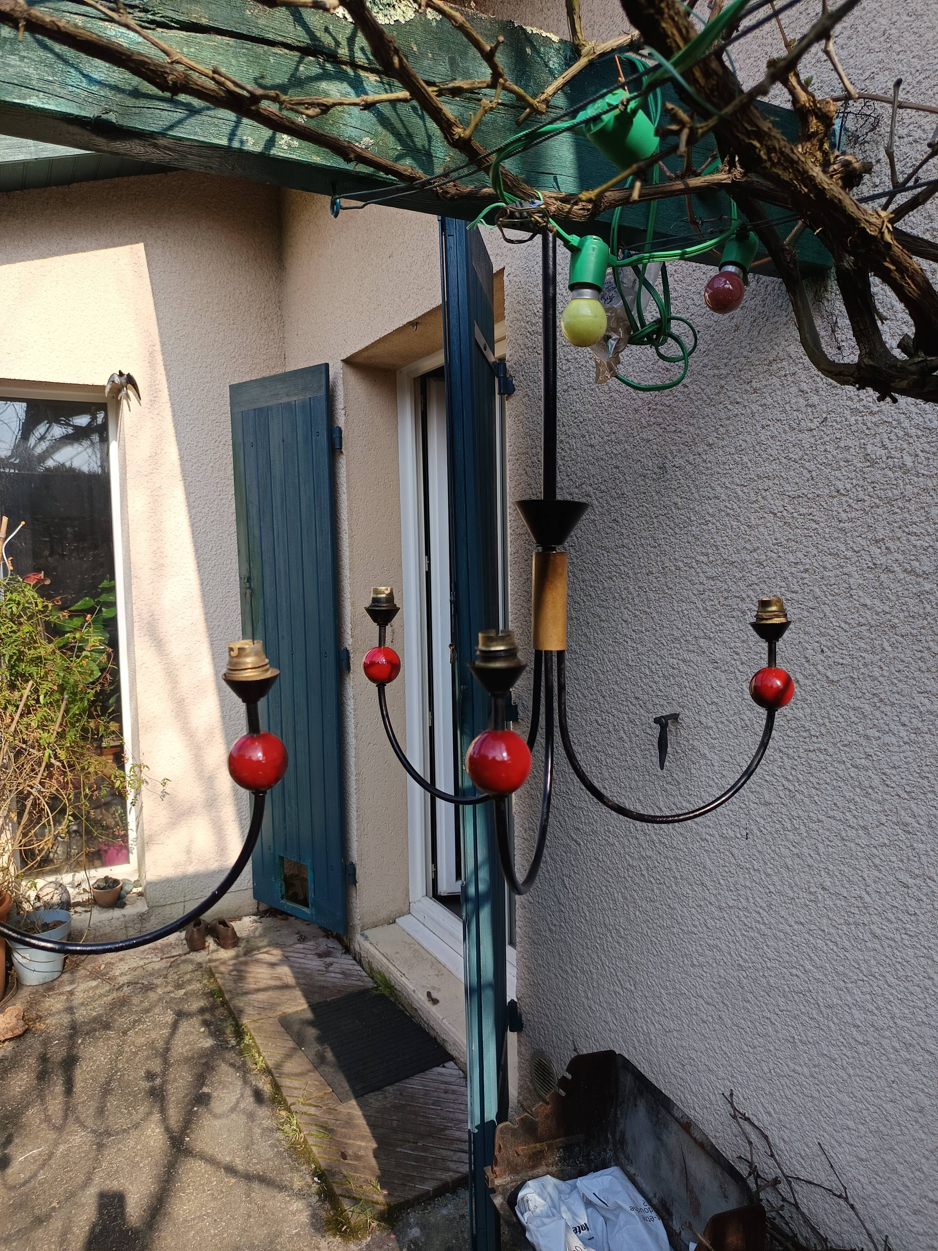 pair of vintage black metal chandeliers with red balls 1950/1970