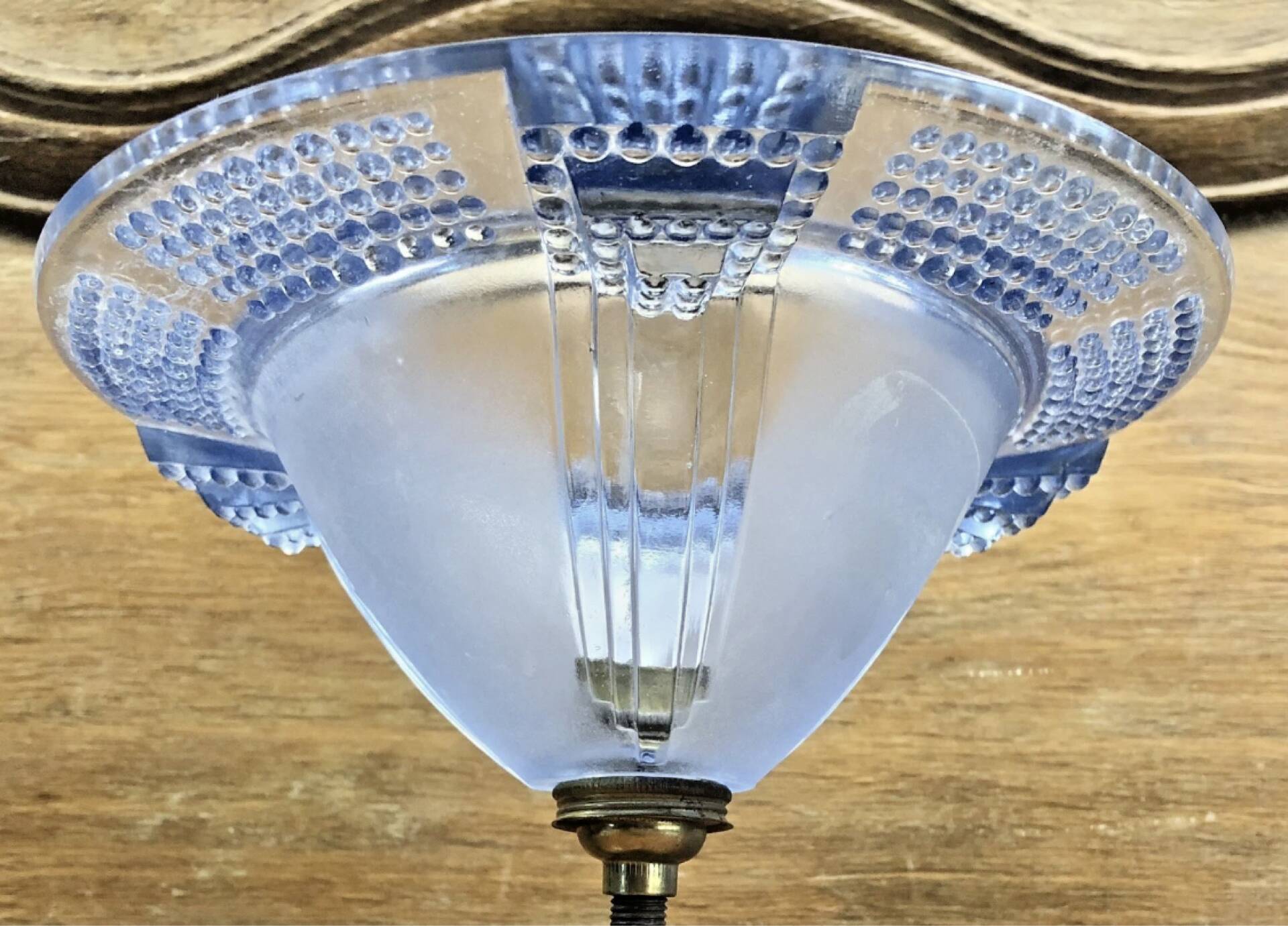Antique Art Deco lamp from the 1930s, wrought iron with a blue basin in the Ezan style.