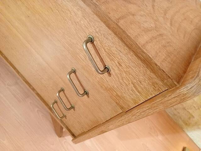Renovated vintage chest of drawers with compass legs in light gilded wood, 1950-1960