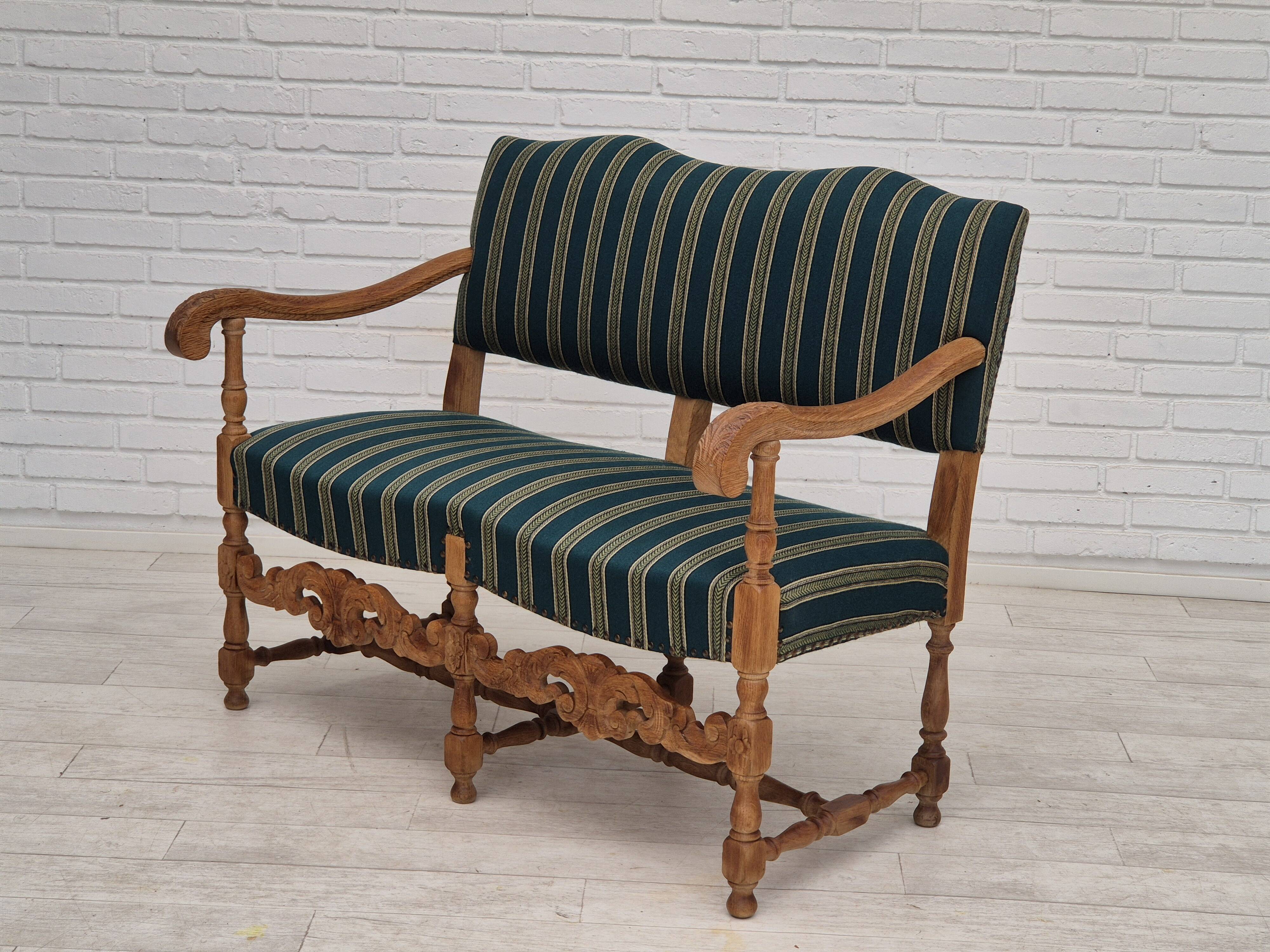 1960s, Danish 2 seater sofa, original condition, furniture wool fabric, solid oak wood.