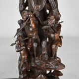 African carved ebony lamp, "Hunters, buffalo and crocodile"