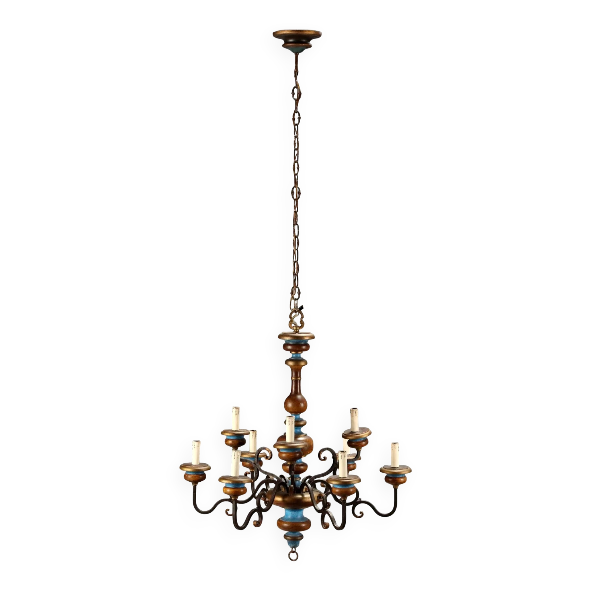 Antique wooden and brass chandelier with 9 lights, Italy, 20th century.