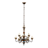 Antique wooden and brass chandelier with 9 lights, Italy, 20th century.