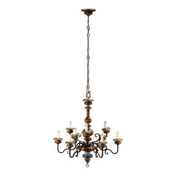 Antique wooden and brass chandelier with 9 lights, Italy, 20th century.