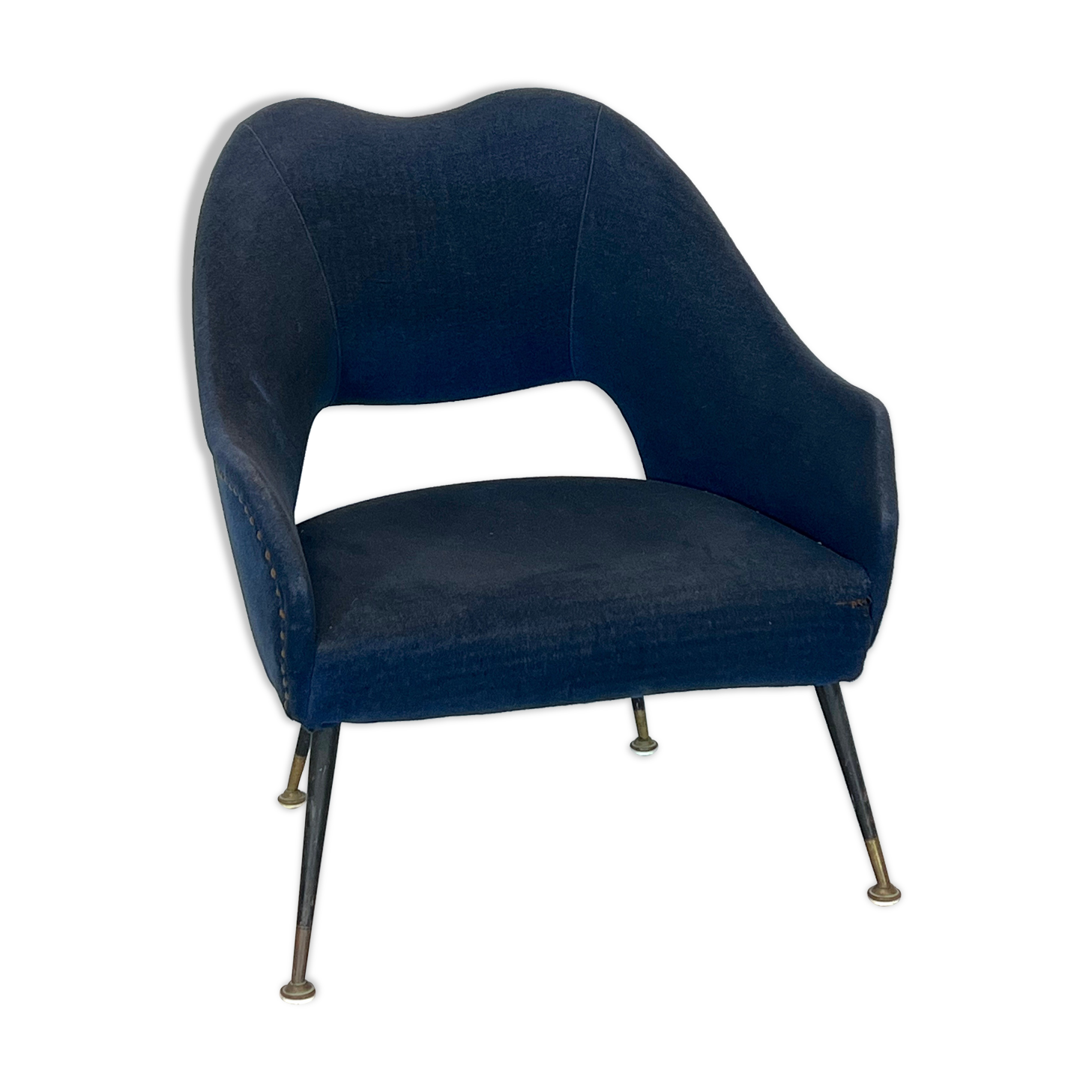 Vintage Italian blue fabric and brass armchair from 50s
