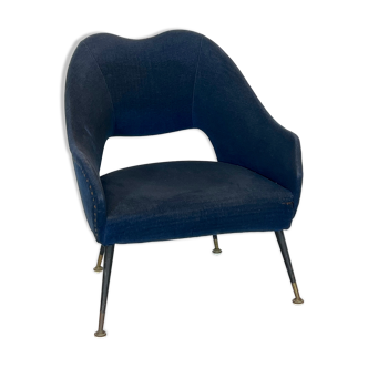 Vintage Italian blue fabric and brass armchair from 50s