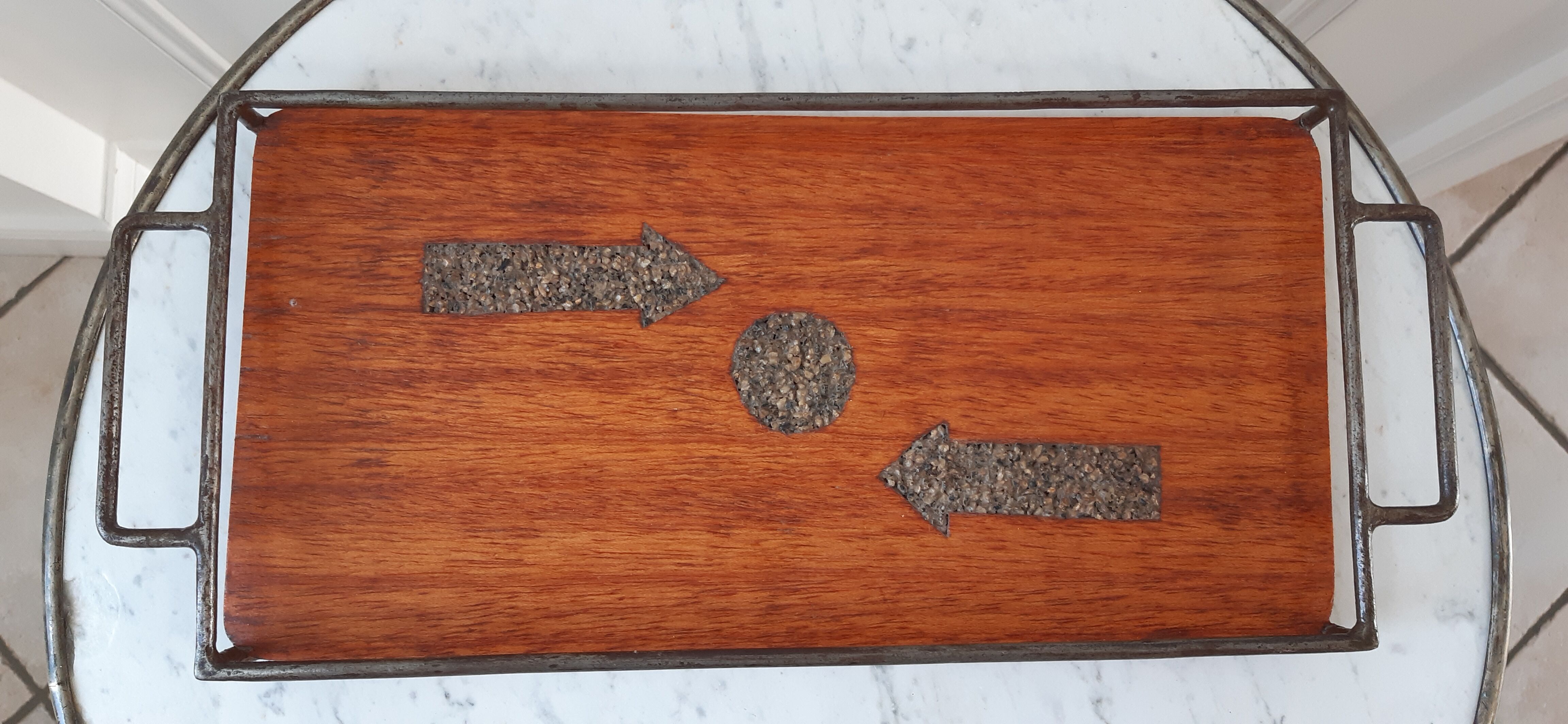 Plateau en bois fer forgé et pierres années 60