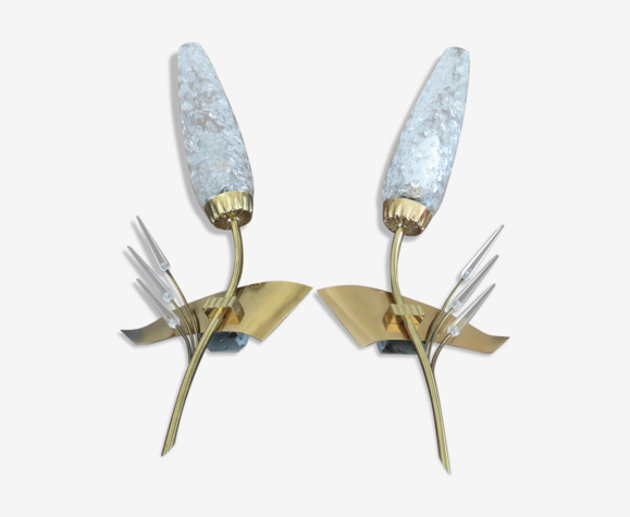 Paire d'appliques asymétriques en laiton, verre et perspex années 50 60
