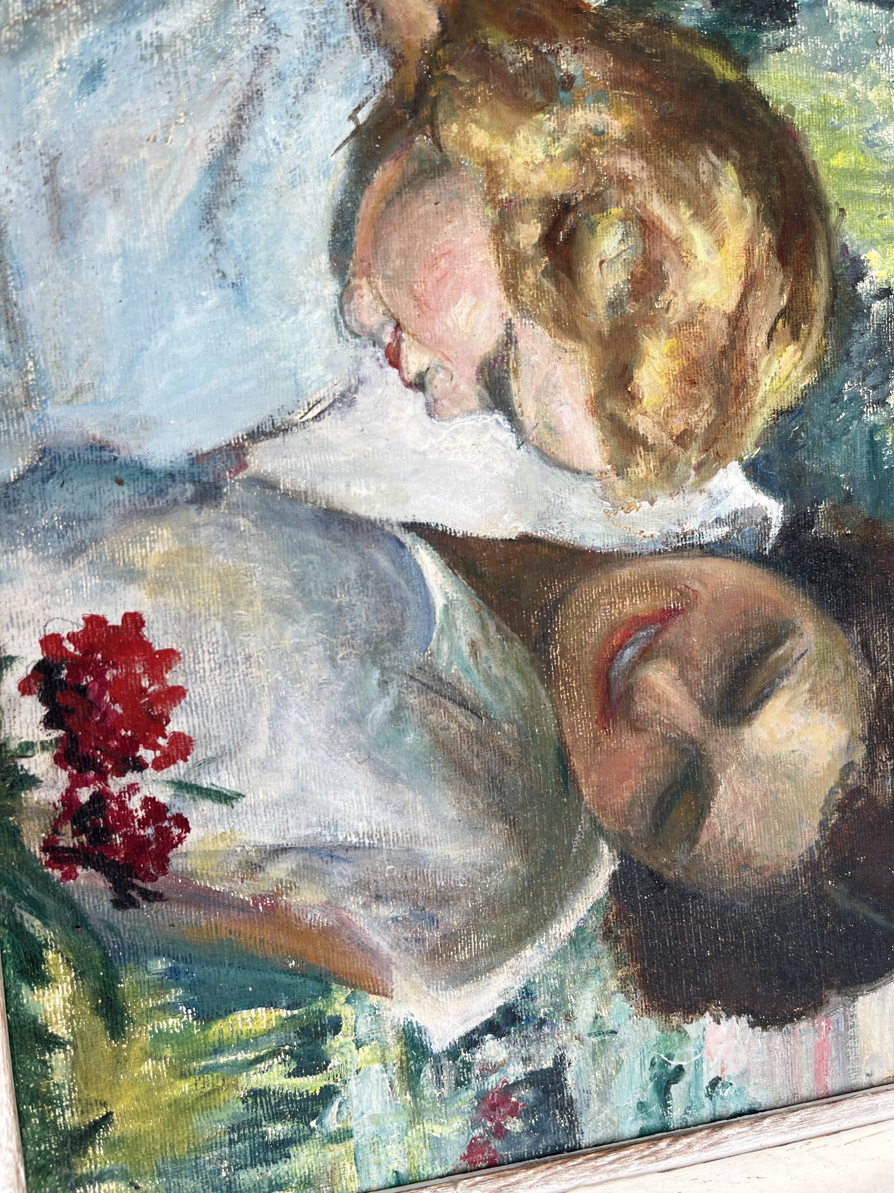 Antique painting, mother and child, impressionist style, early 20th century