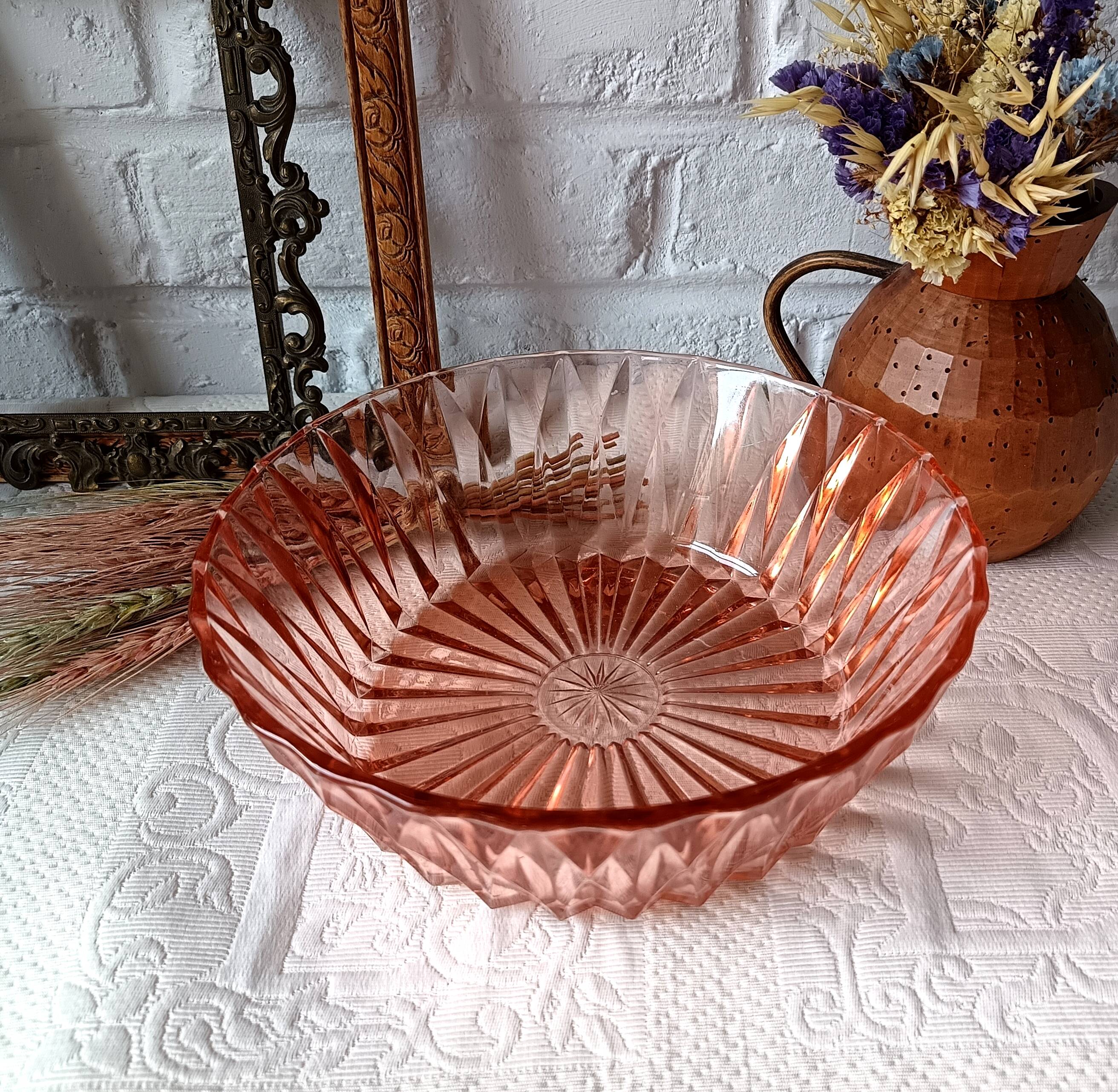 1960 vintage pink moulded glass salad bowl France