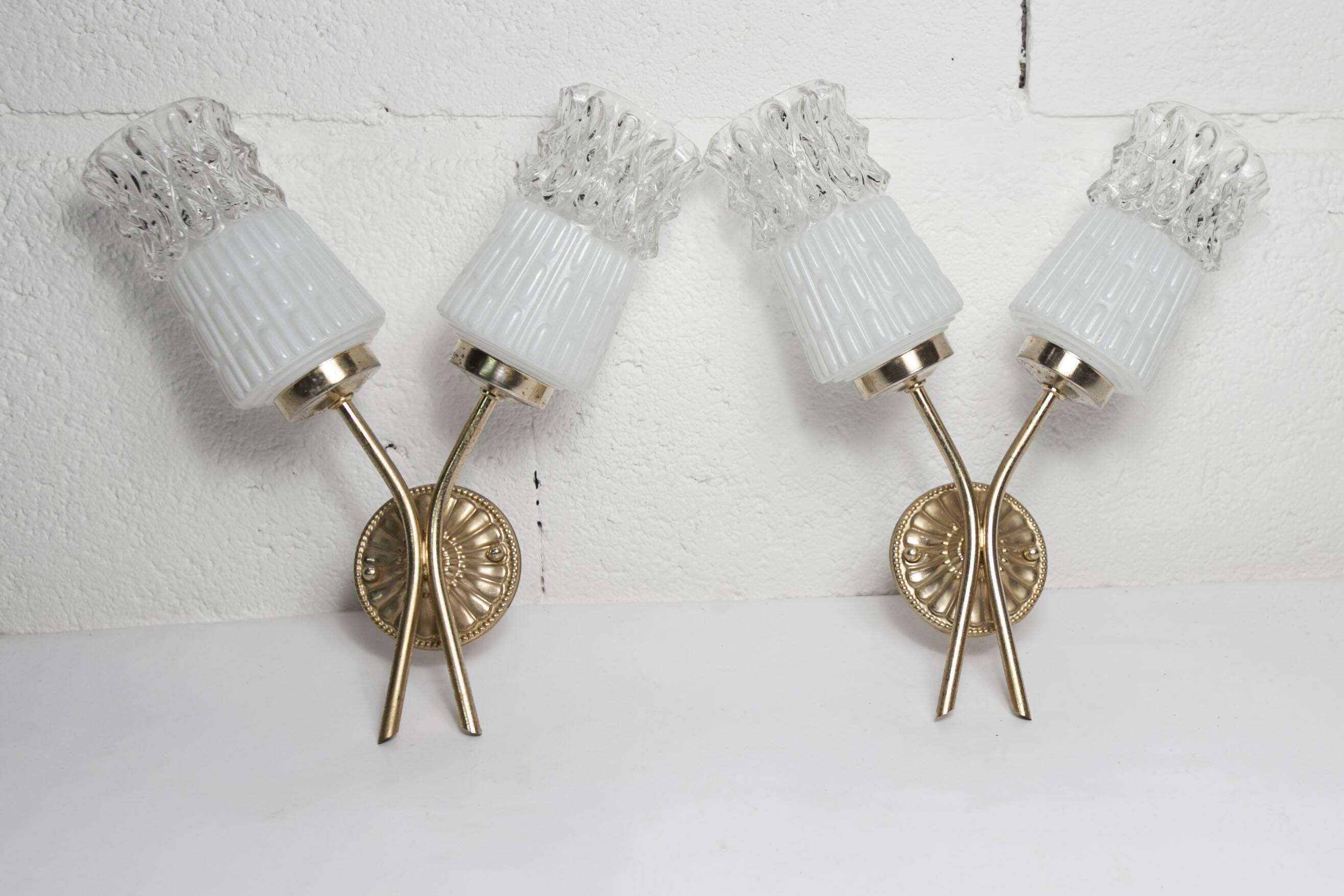 Pair of brass and glass wall lights 1960