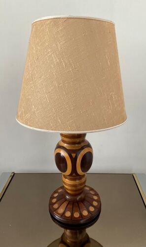 Lampe vintage en bois marqueterie années 60-70