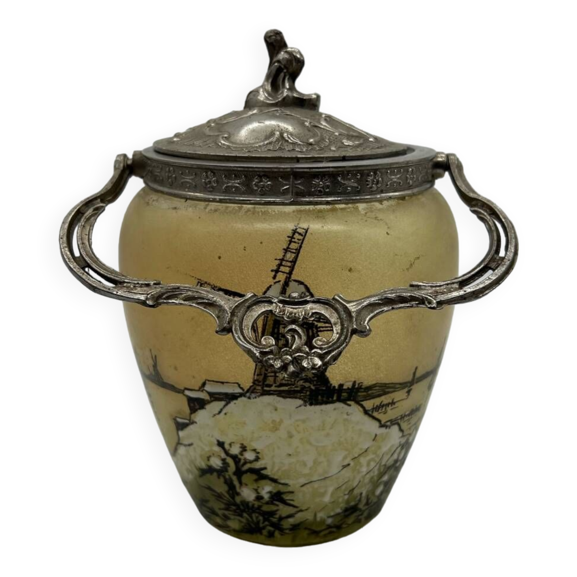 Old enameled glass cookie jar with mill decor