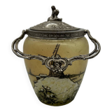 Old enameled glass cookie jar with mill decor