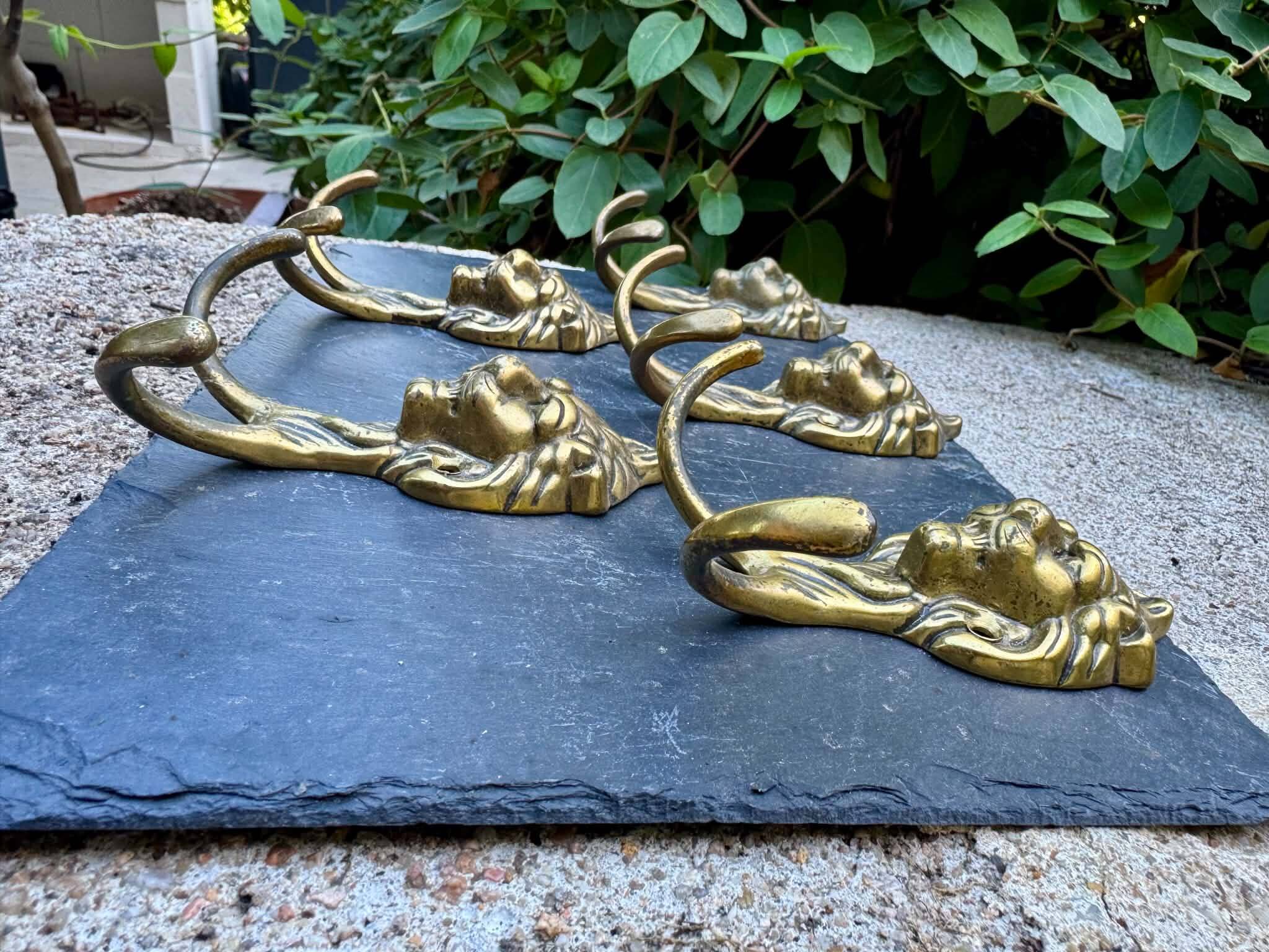 5 lion coat hooks in solid brass Art Nouveau