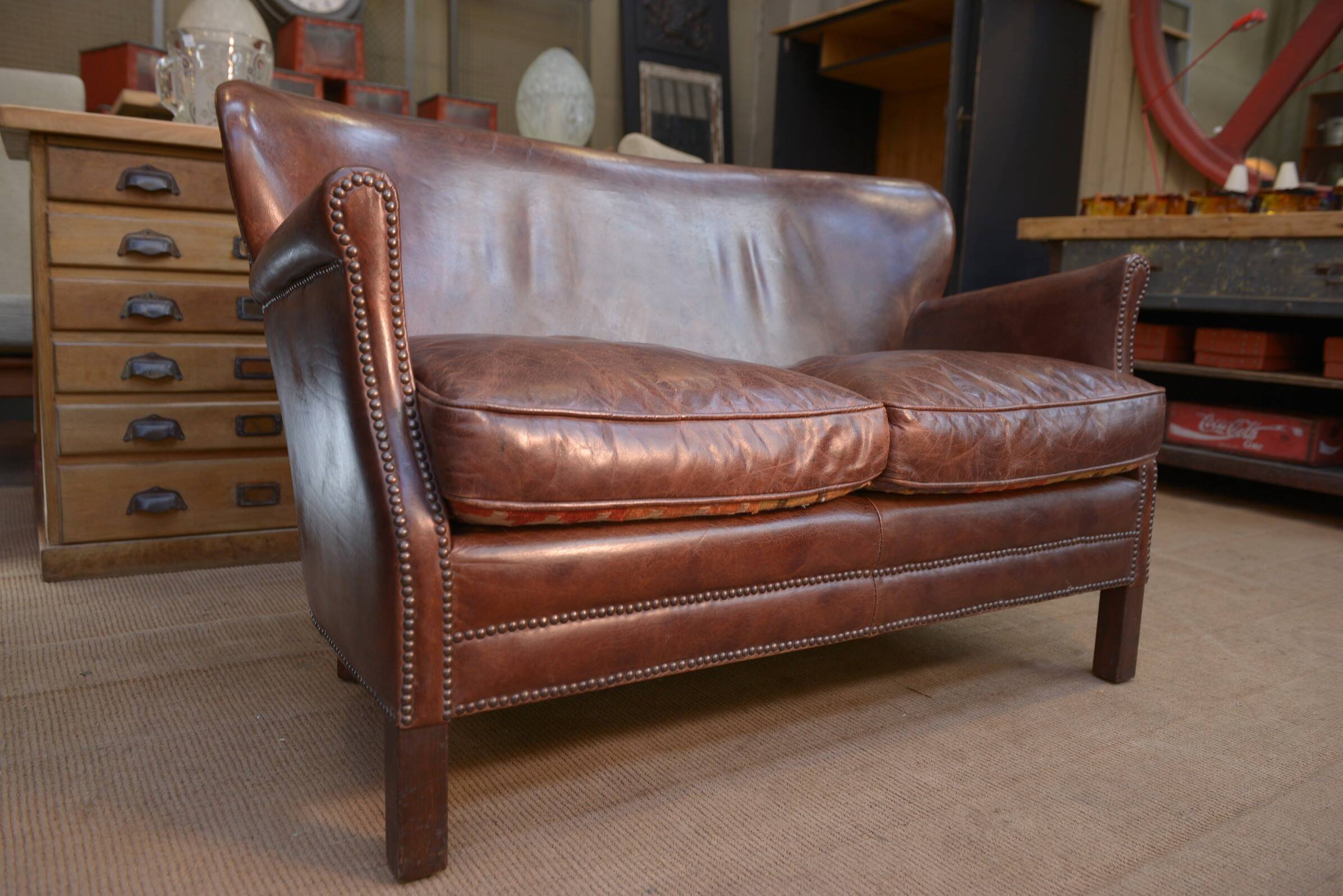 Small Vintage Bench Sofa Studded Leather Sofa 1970s