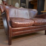 Small Vintage Bench Sofa Studded Leather Sofa 1970s