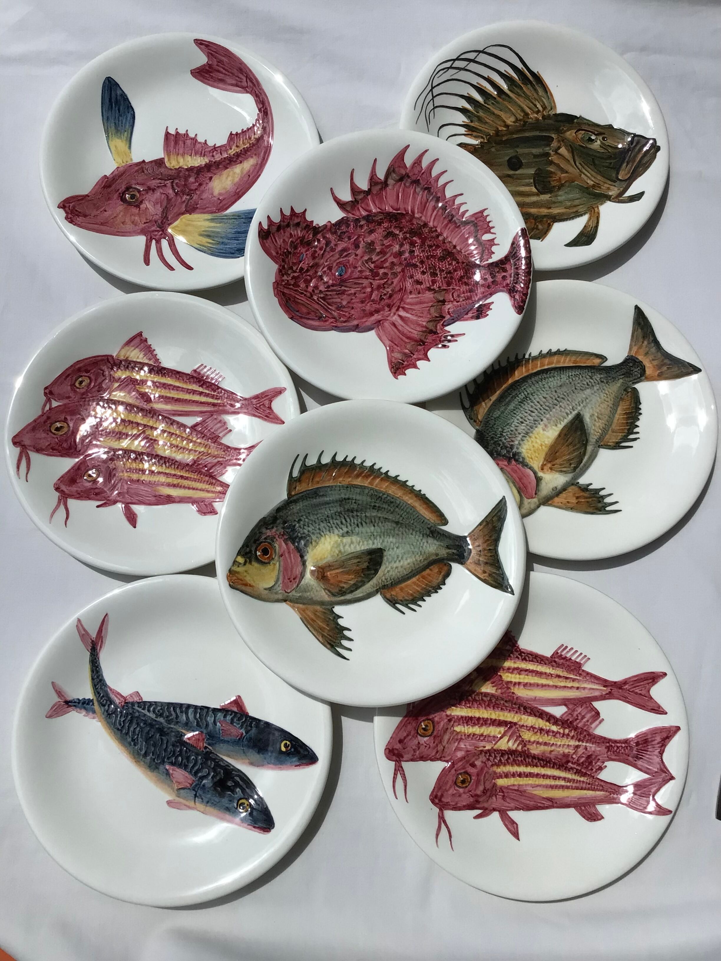8 Plates flat fish painted handmade art art Proceram
