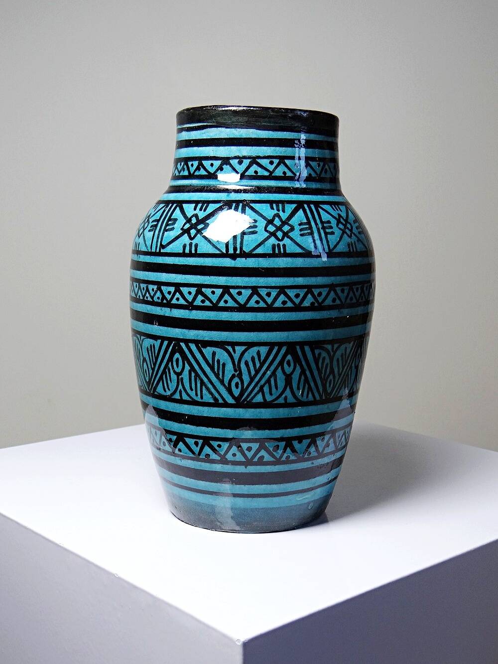 Small Safi vase, Moroccan vintage turquoise handcrafted pottery