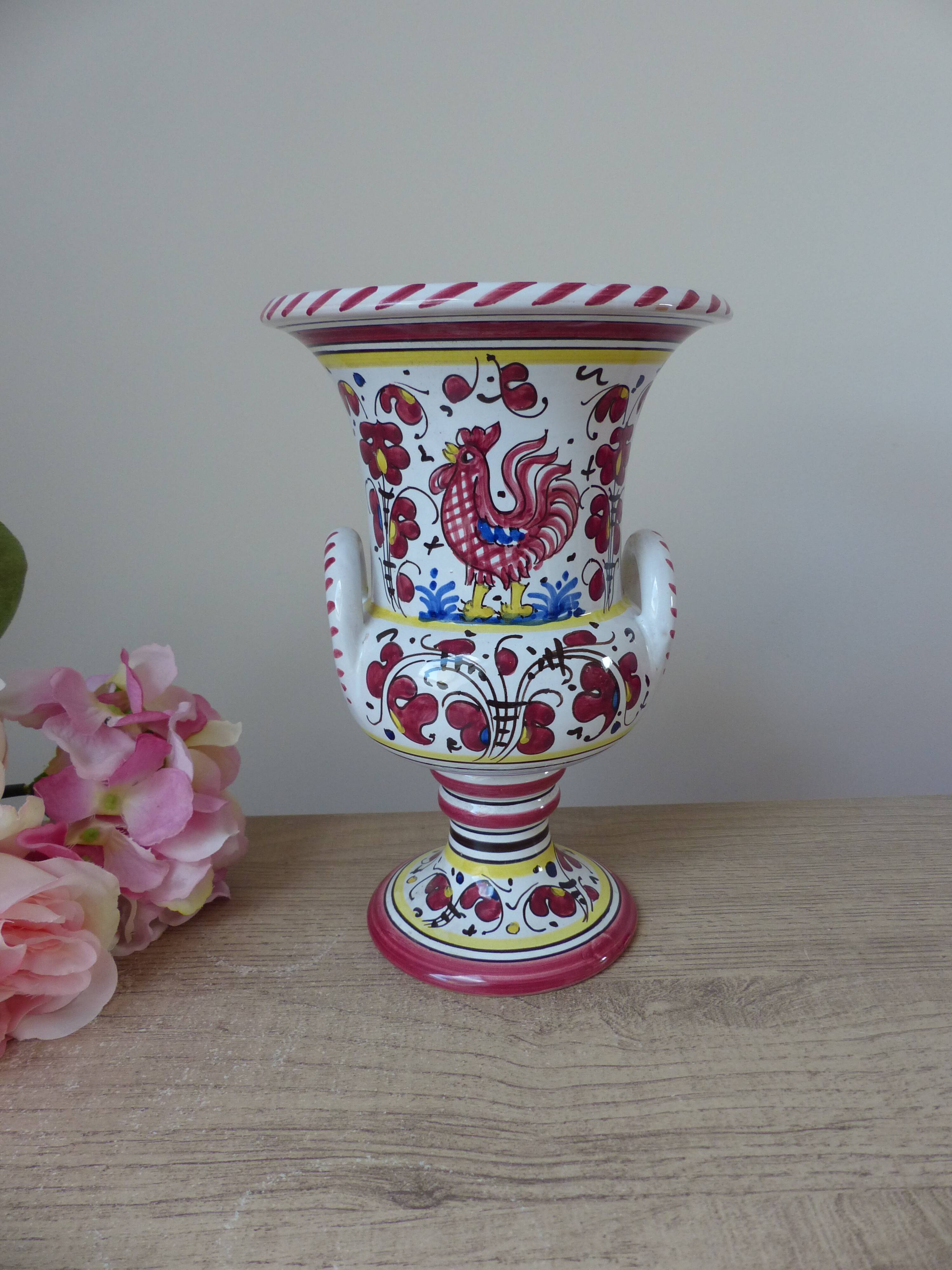 Colorful Ceramic Vase from Italy Deruta l'Antica: Amphora Flowers and Rooster