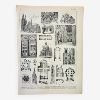 Gravure ancienne 1898, Église, cathédrale, religieux • Lithographie, Planche originale
