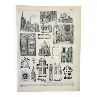 Gravure ancienne 1898, Église, cathédrale, religieux • Lithographie, Planche originale