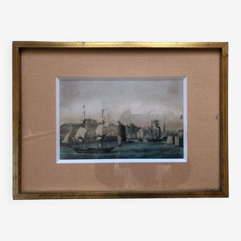 Engraving 1810 color port du havre & tour francois 1er, seine maritime 76 normandy, empire
