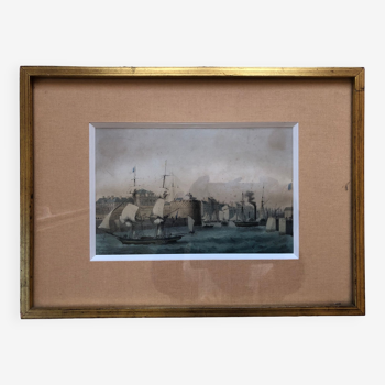 Gravure 1810  couleur port du havre & tour francois 1er, seine maritime 76 normandie, empire