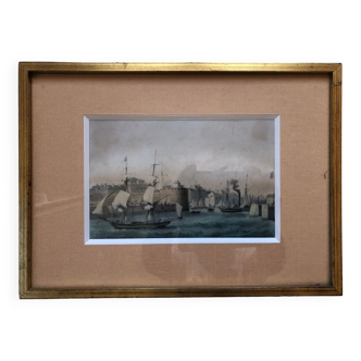 Engraving 1810 color port du havre & tour francois 1er, seine maritime 76 normandy, empire