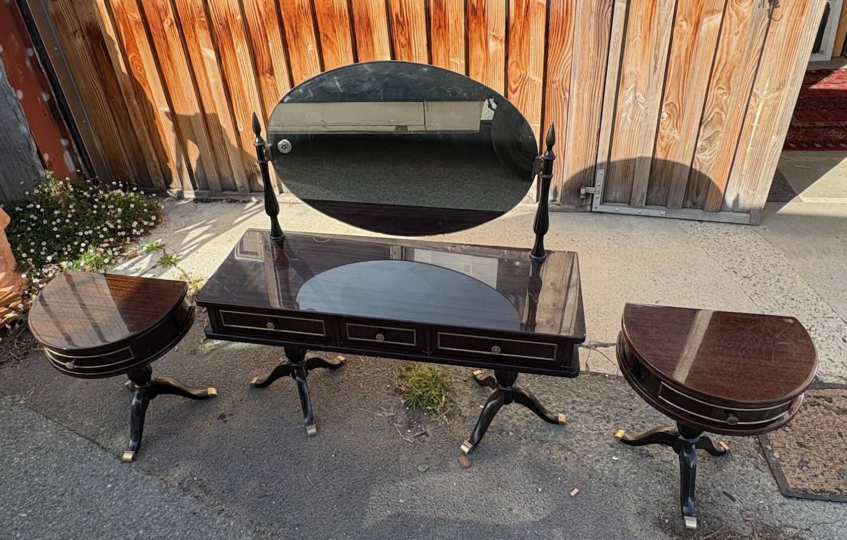 Vintage 1960s triptych hairdresser in mahogany – signed G. Blouin Nantes