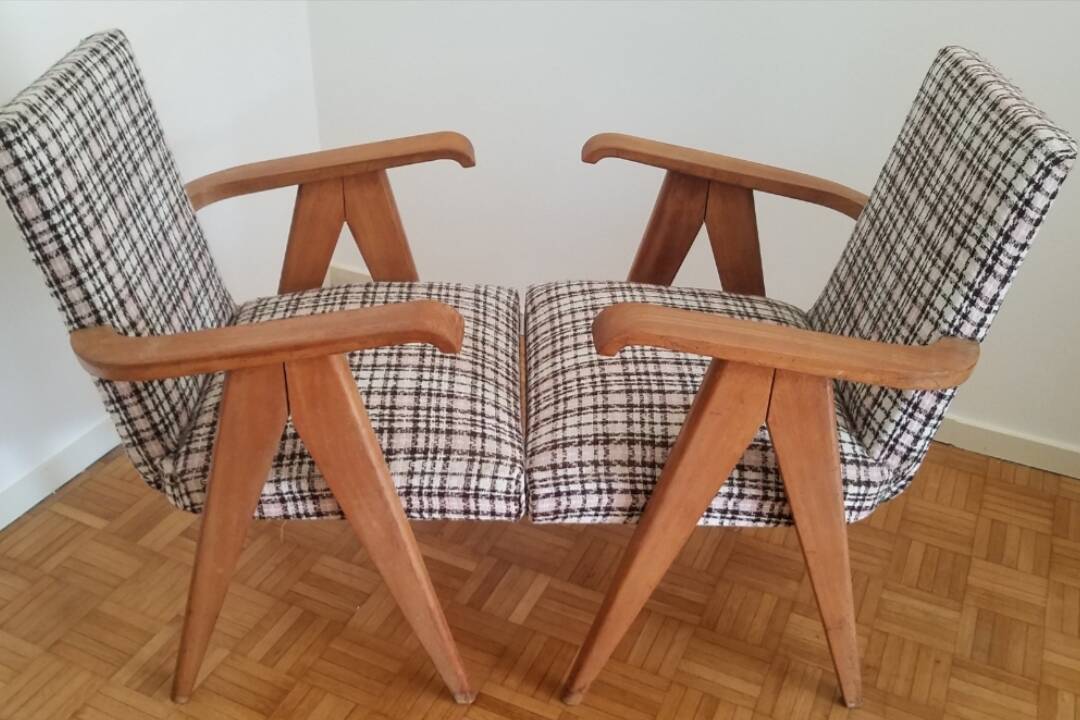 Pair of solid oak armchairs, 1950s.