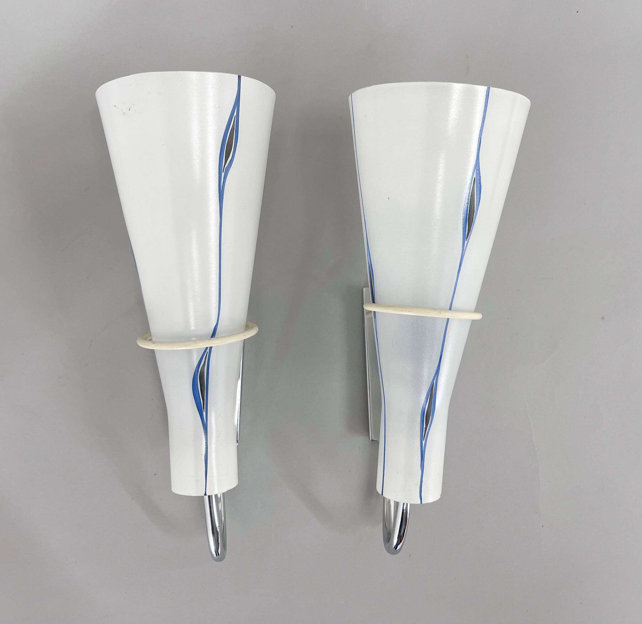 Pair of 1960s Chrome & Glass Wall Lamps by Zukov, 2 Pairs Available