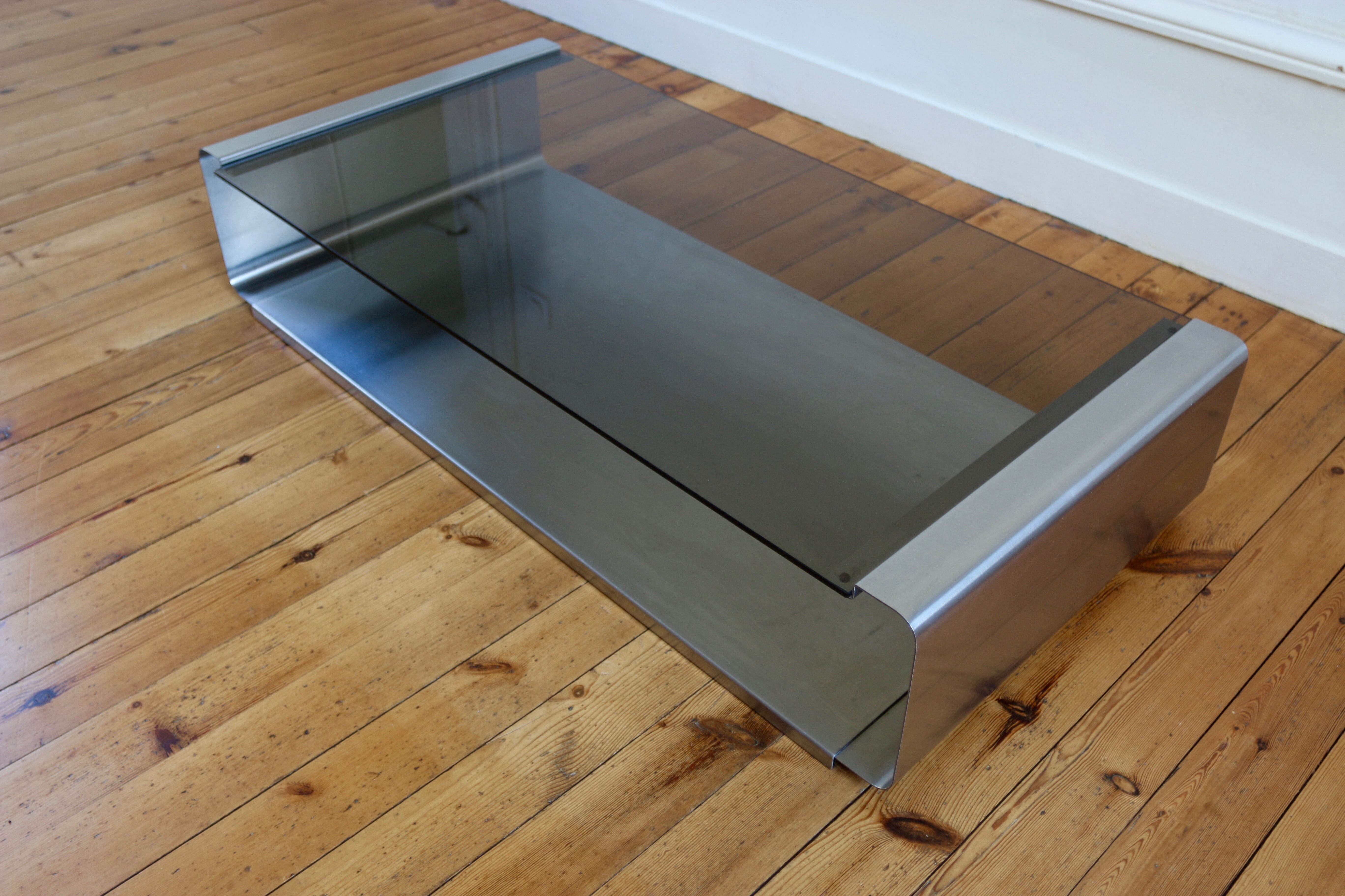 Table low vintage 1970s stainless and glass Jean-François Monnet