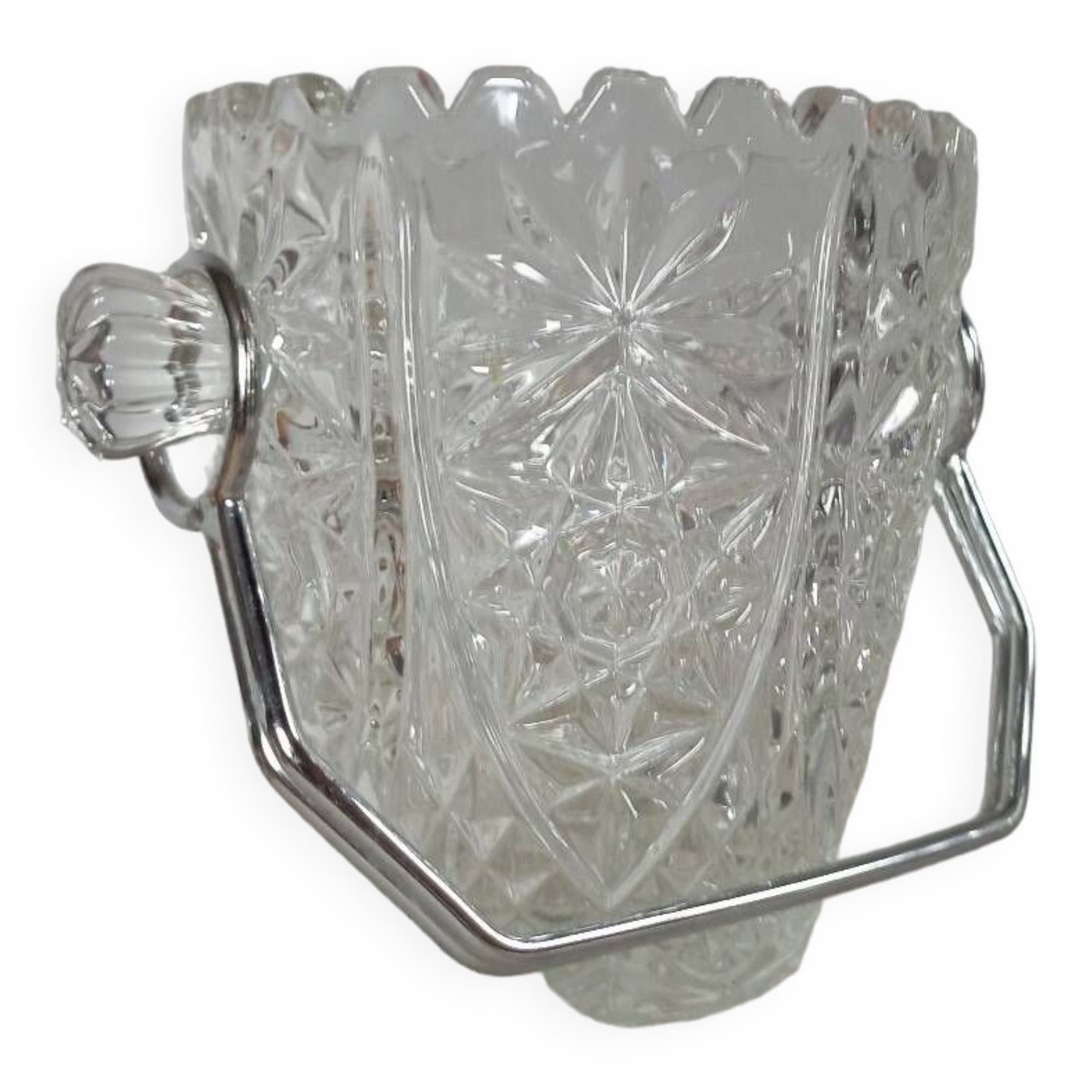 Duo of crystal ice buckets, silver metal, vintage
