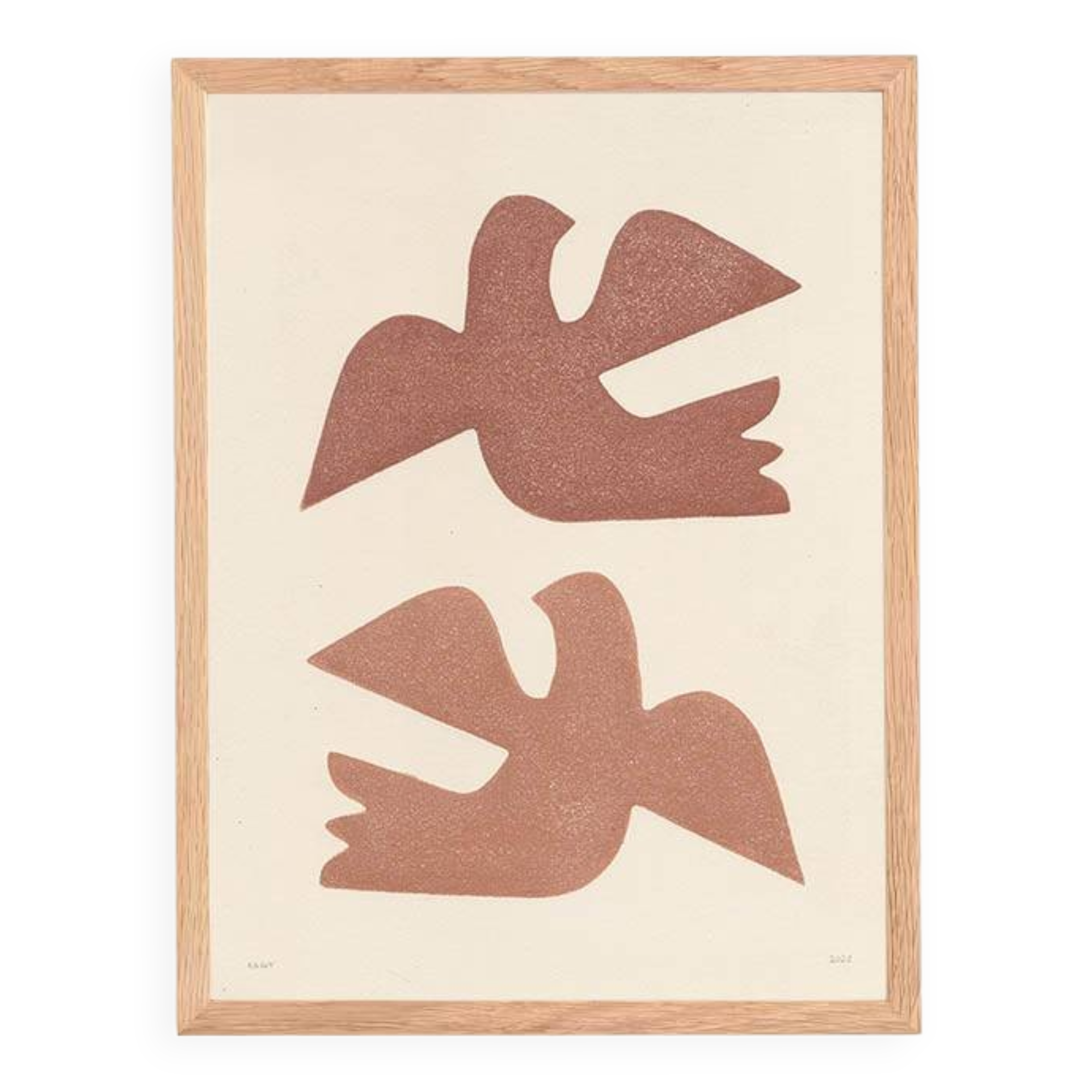 Birds - painting on paper - 30x40cm terracotta - signed Eawy