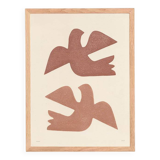 Birds - painting on paper - 30x40cm terracotta - signed Eawy