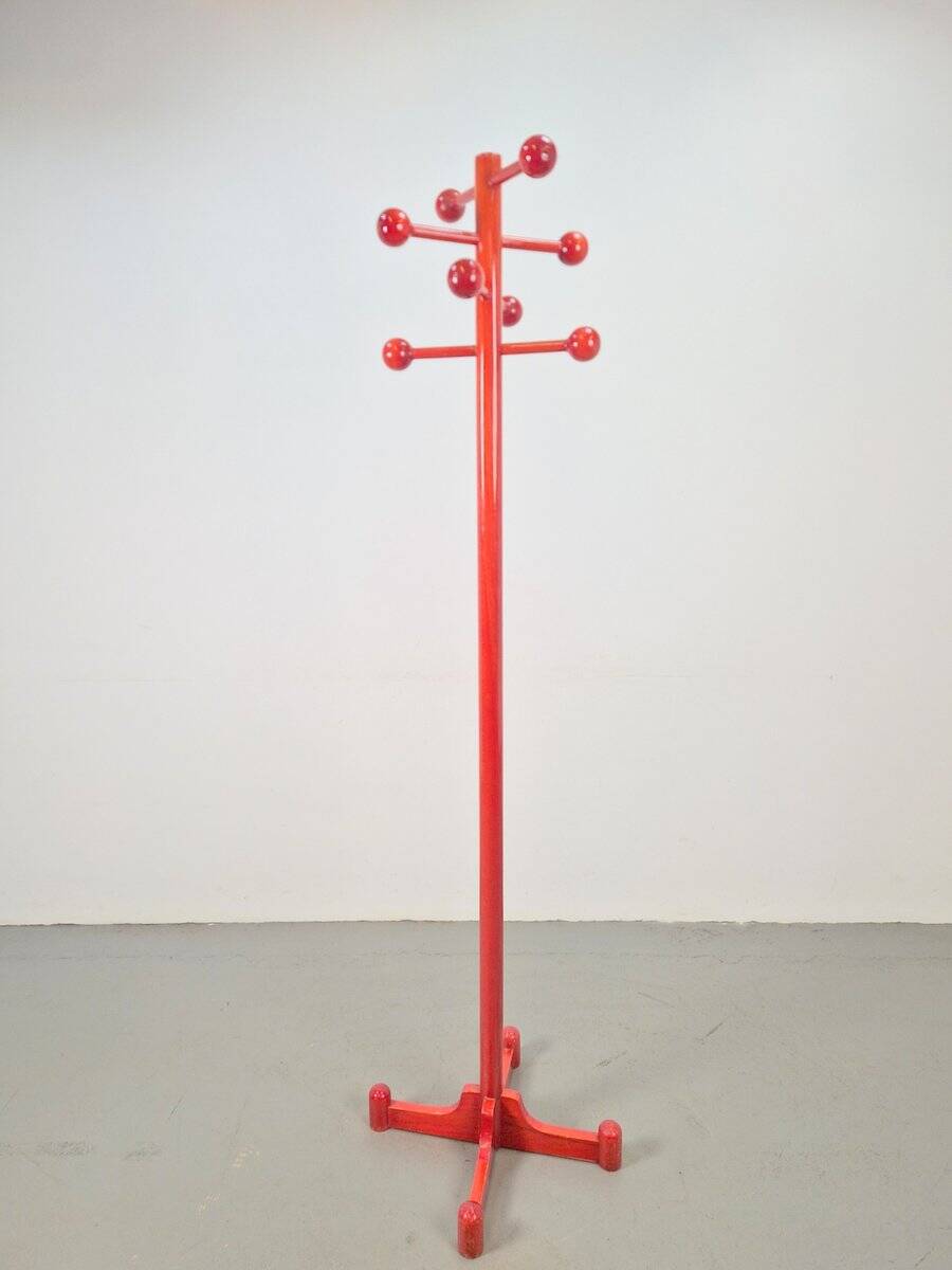 Vintage Red Stained Beech Coat Rack with Balls, 1970s