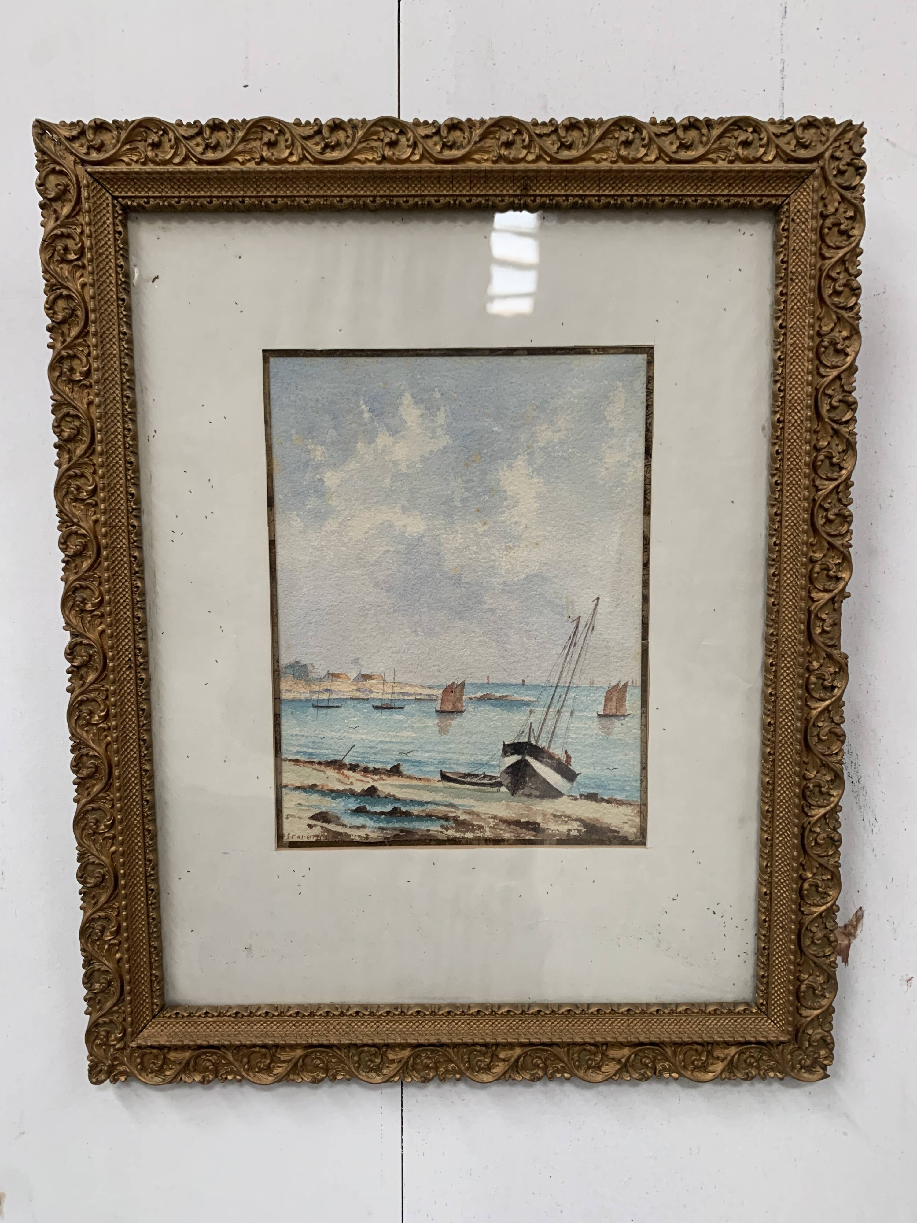 Marine watercolor "Sailboat at sea and stranded on the beach" 20th century