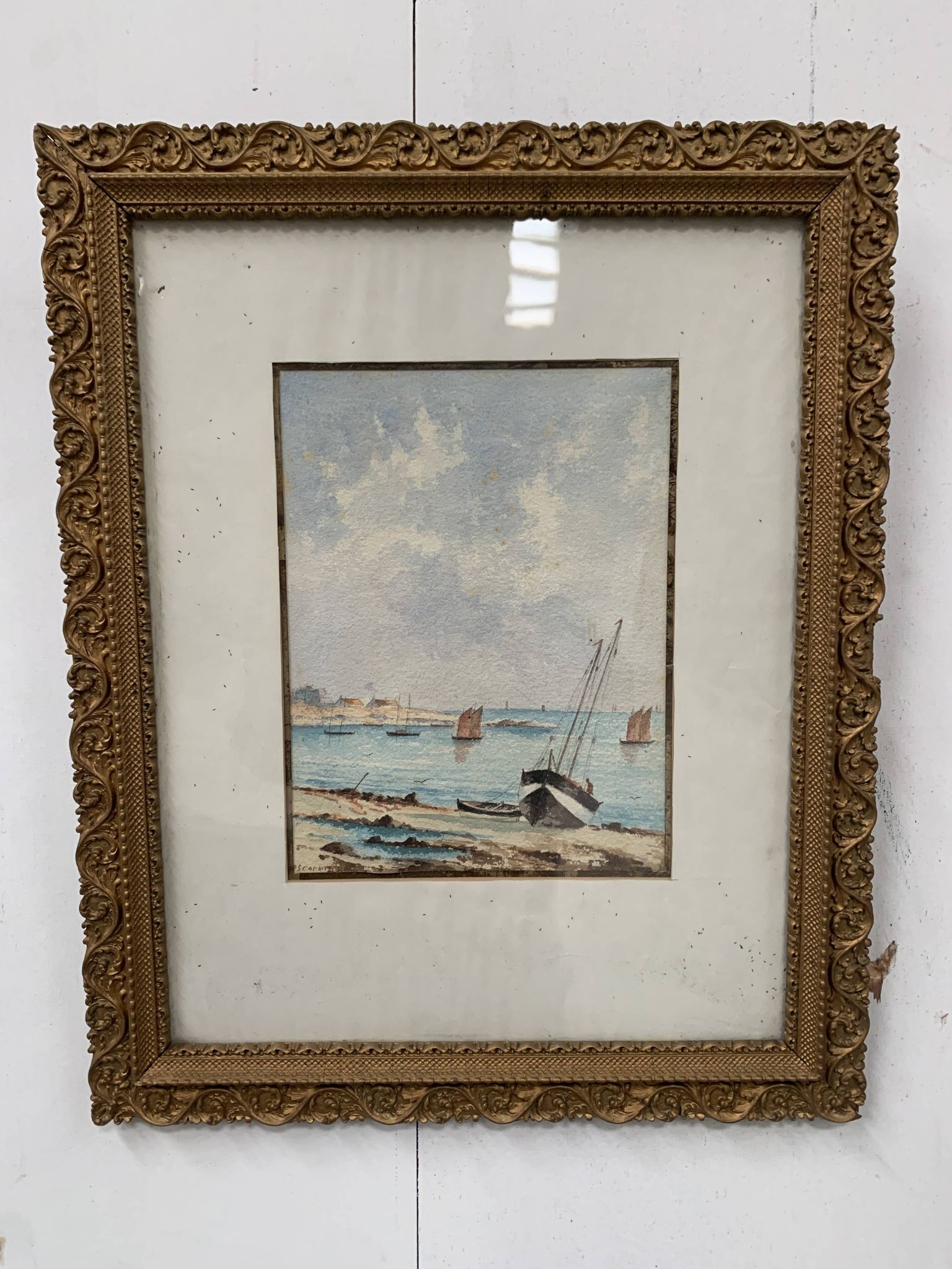 Marine watercolor "Sailboat at sea and stranded on the beach" 20th century