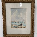 Marine watercolor "Sailboat at sea and stranded on the beach" 20th century