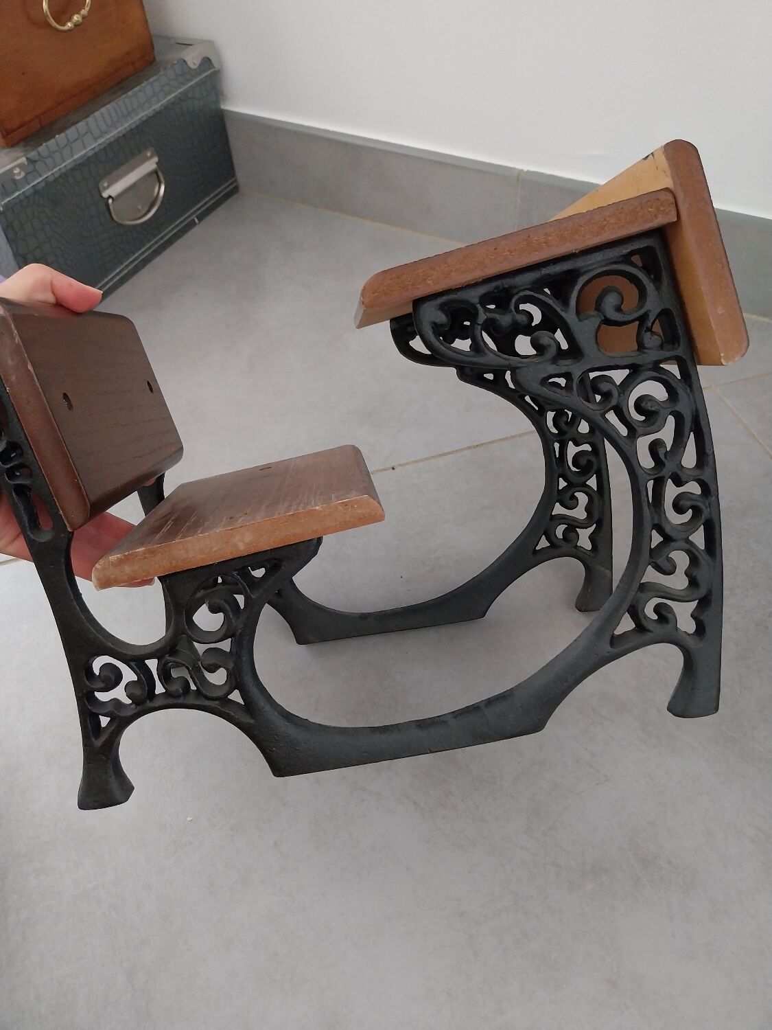 Wooden swing desk and porcelain dolls