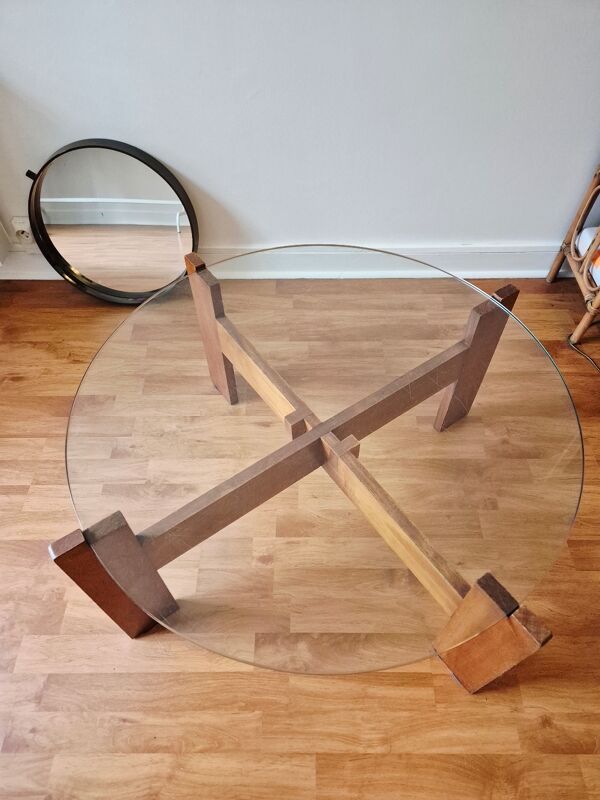 Table ronde en bois avec plateau en verre - Vintage