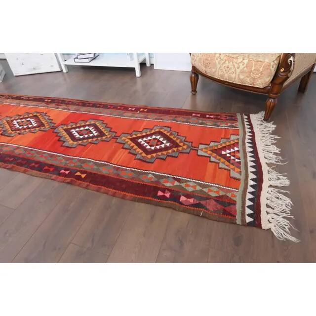 1970s Vintage Turkish Hand-Knotted Wool Cotton Orange Runner Rug 92x320