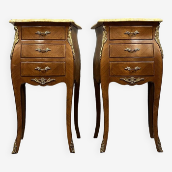 Pair of curved Louis XV style bedside tables in marquetry circa 1900-1920