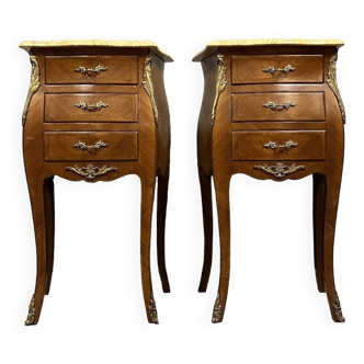 Pair of curved Louis XV style bedside tables in marquetry circa 1900-1920