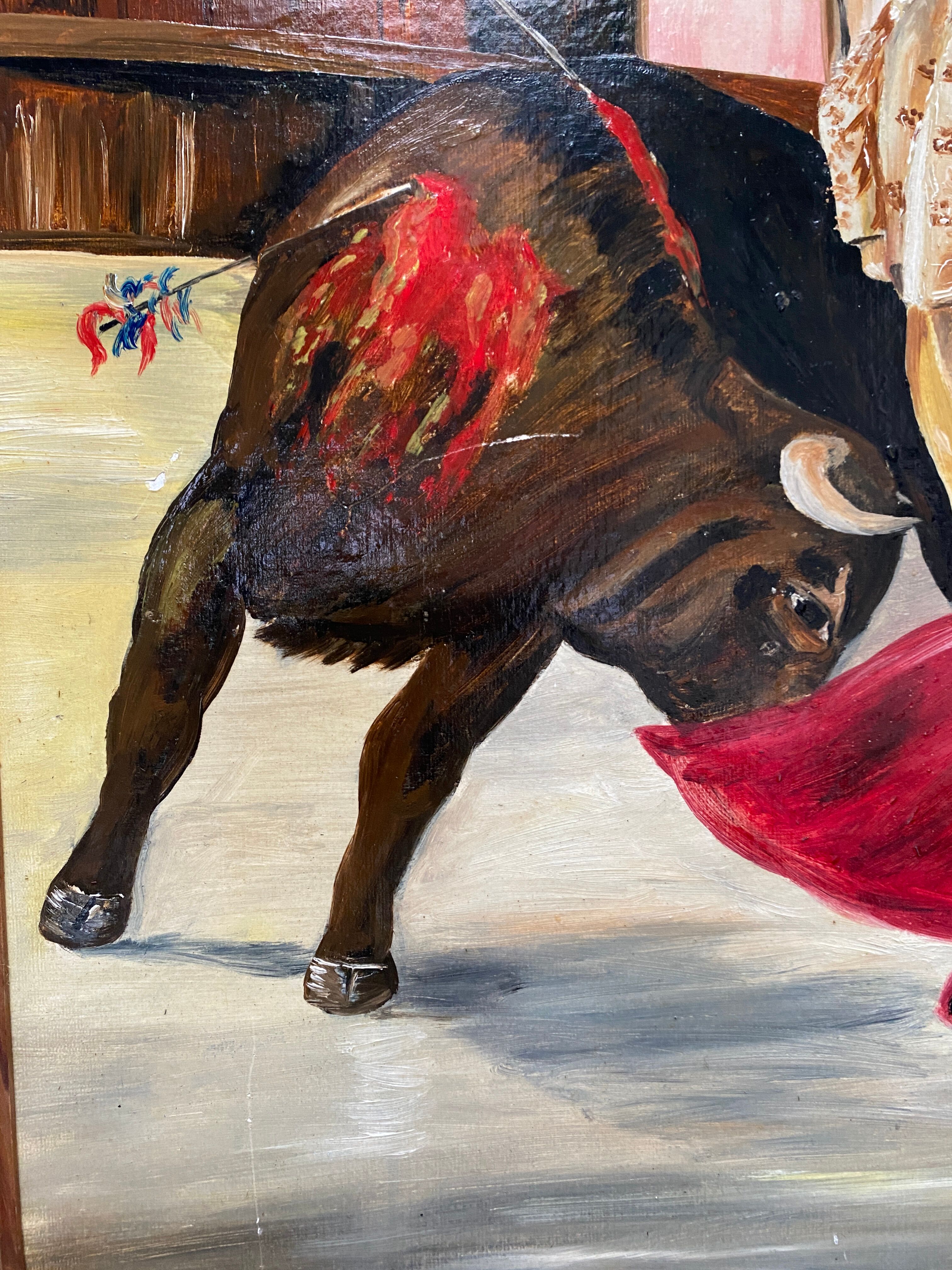 Oil on panel matador bullfighter and bull