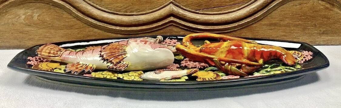 Large Vallauris slip dish 57x25 cm lobster fish
