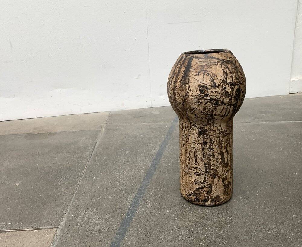 Brutalist Mid-Century Vase in German Ceramic by Gerhard Liebenthron, 1977